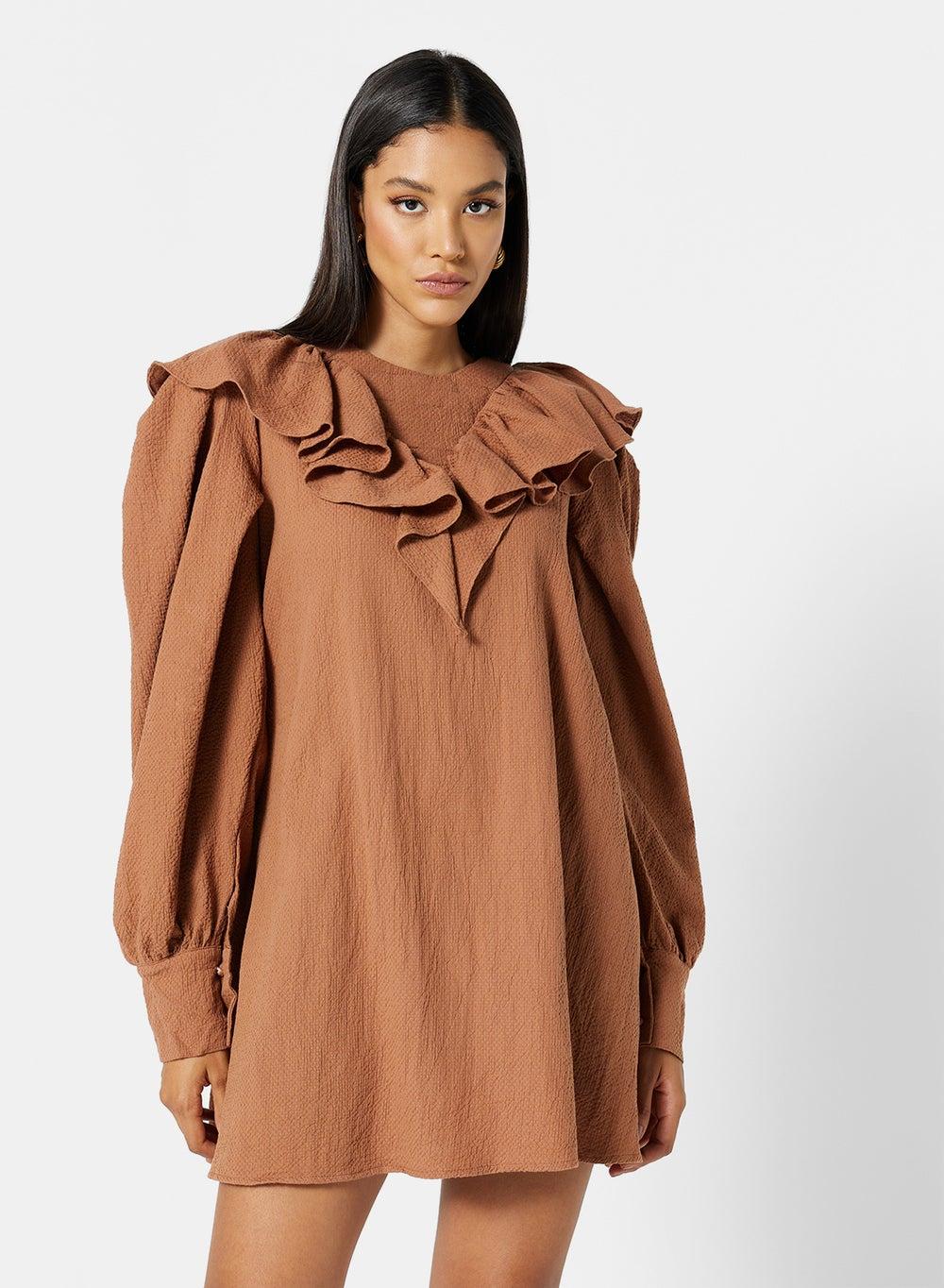 Brown Ruffled Shoulder Mini Dress - Image 1