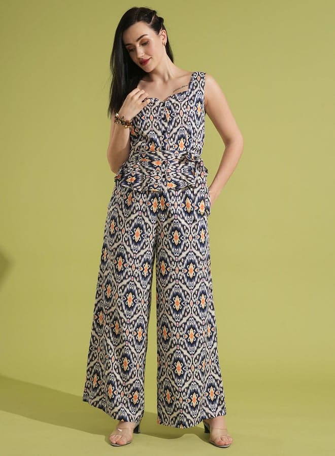 Ethnic Print Waist Tie-Up Peplum Top Trouser Co-Ord Set - Image 1