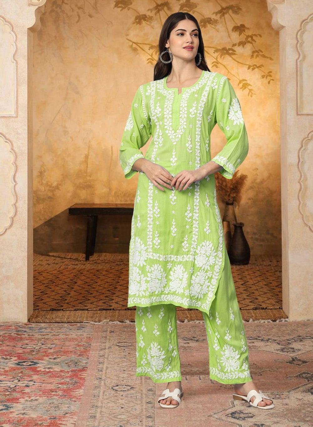 Hand Embroidered Chikankari Modal Kurta Set AL4049KS - Image 1