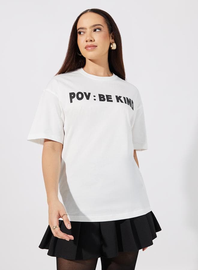 Slogan Detail Oversized Round Neck Short Sleeve T-Shirt - Image 1