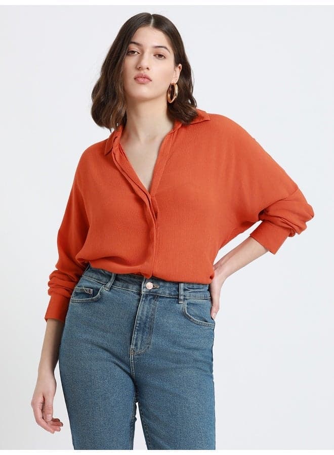 Rust Viscose Crepe Relaxed Fit Shirt for Women - Image 1