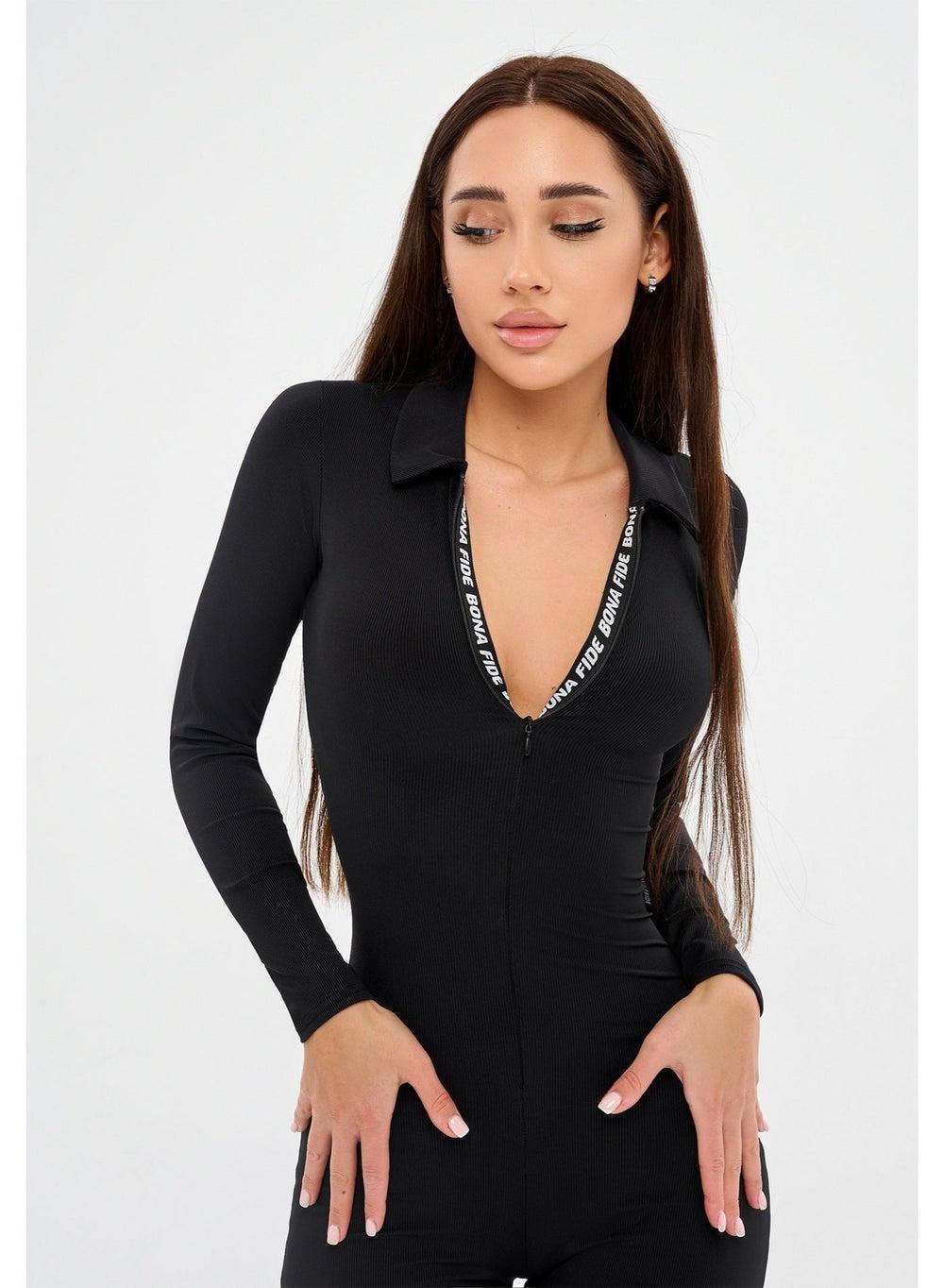 Bona Fide Black Long Sleeve Flared Bodycon Jumpsuit - Image 1