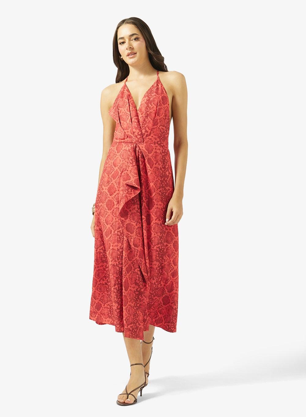 Plunge Neck Animal Print Midi Dress - Image 1