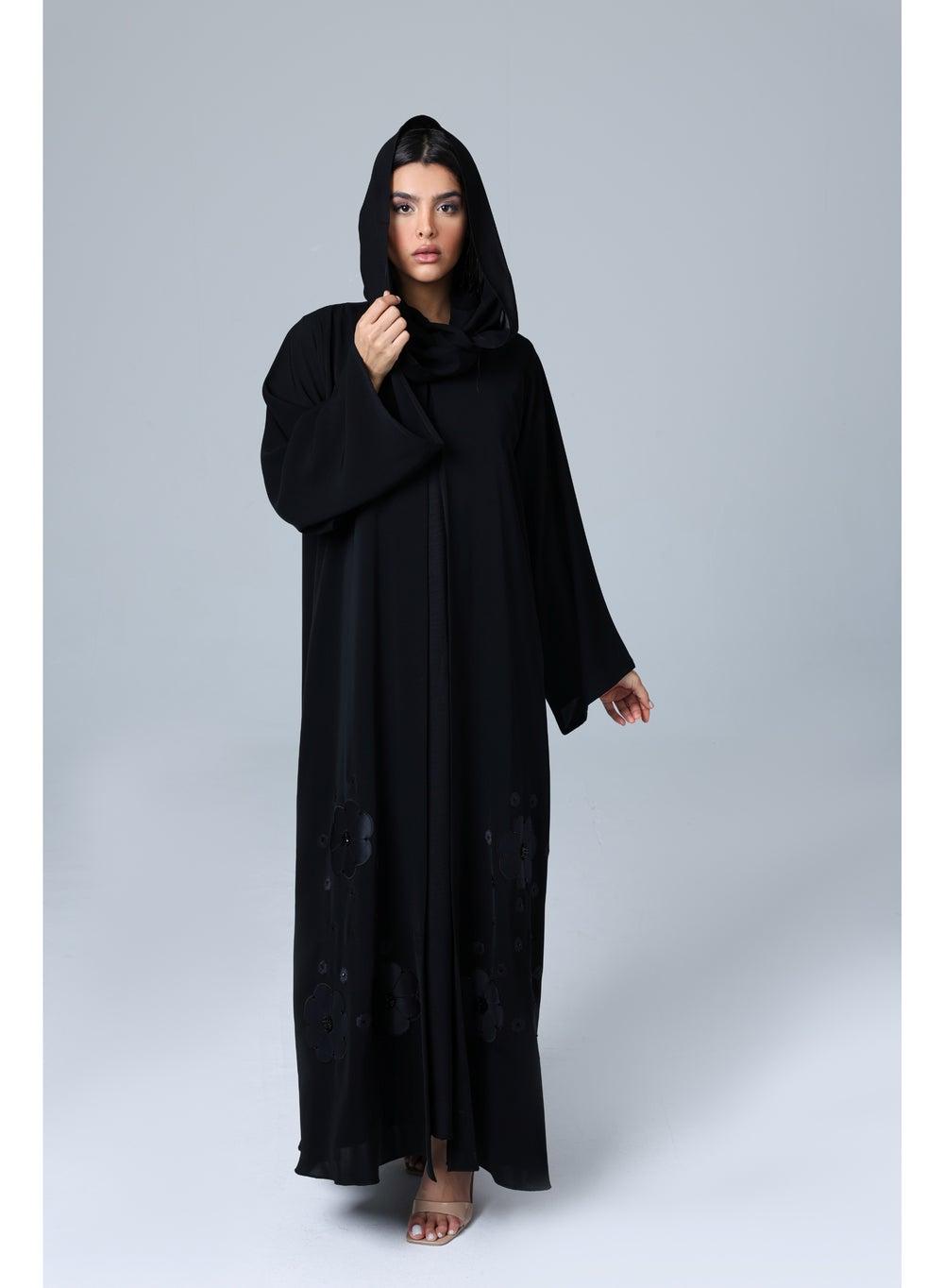 Floral Applique Elegant Plain Abaya - Image 1