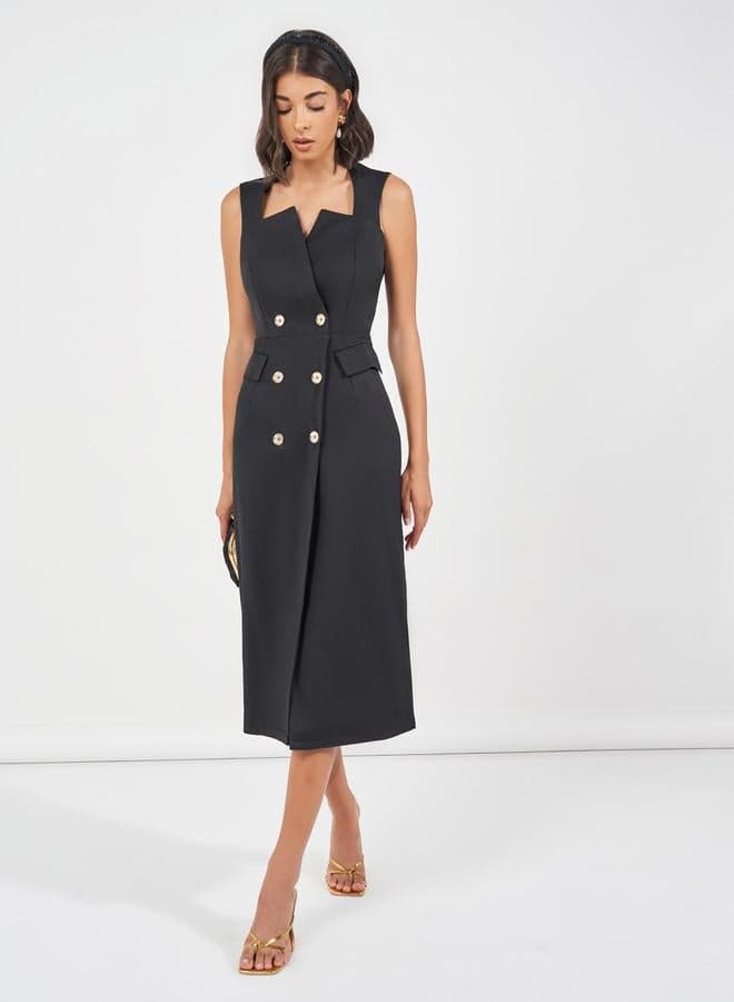 Double-Breasted Black Midi Dress with Golden Buttons - Image 1
