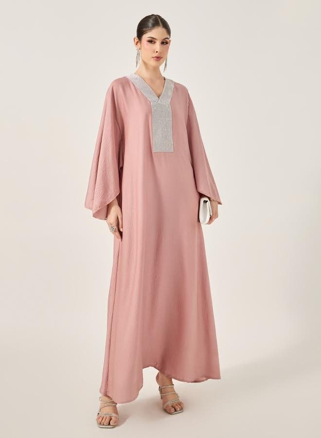 Embellished Satin Angel Sleeve V-Neck Jalabyia - Image 1