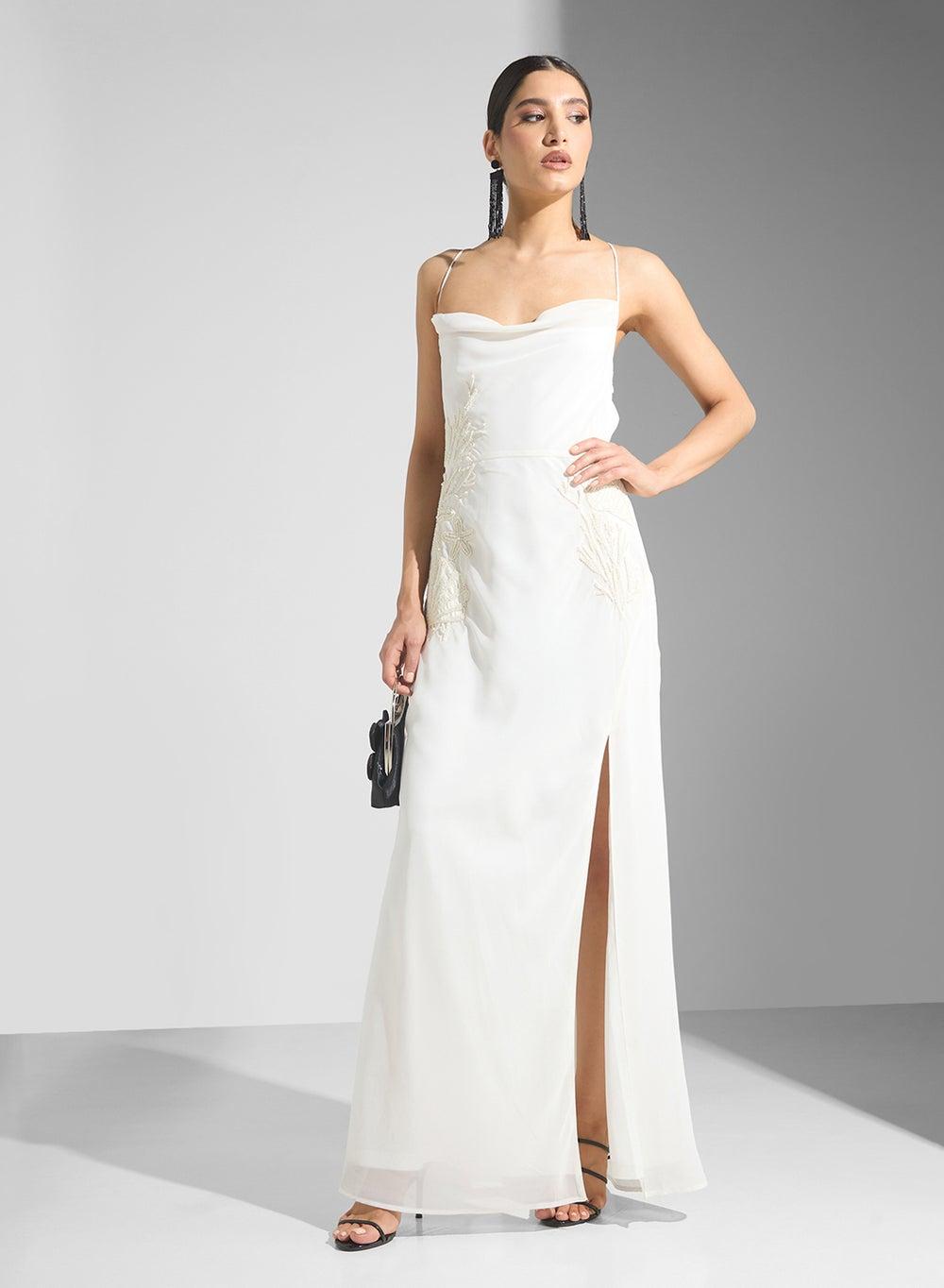Embroidered Cowlneck Maxi Dress with High Slit - Image 1