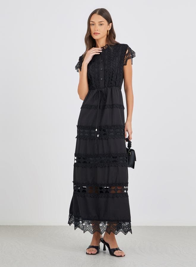 Solid Lace Tiered Maxi Dress with Tie Detail - Image 1