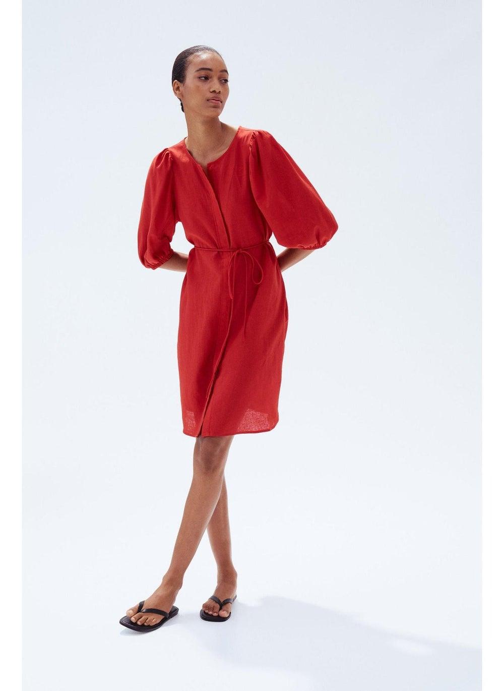 Linen-Blend Knee-Length Dress with Tie Waist - Image 1