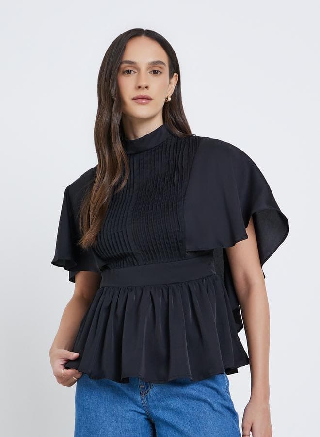 Styli Pleated High Neck Cape Sleeve Blouse - Image 1