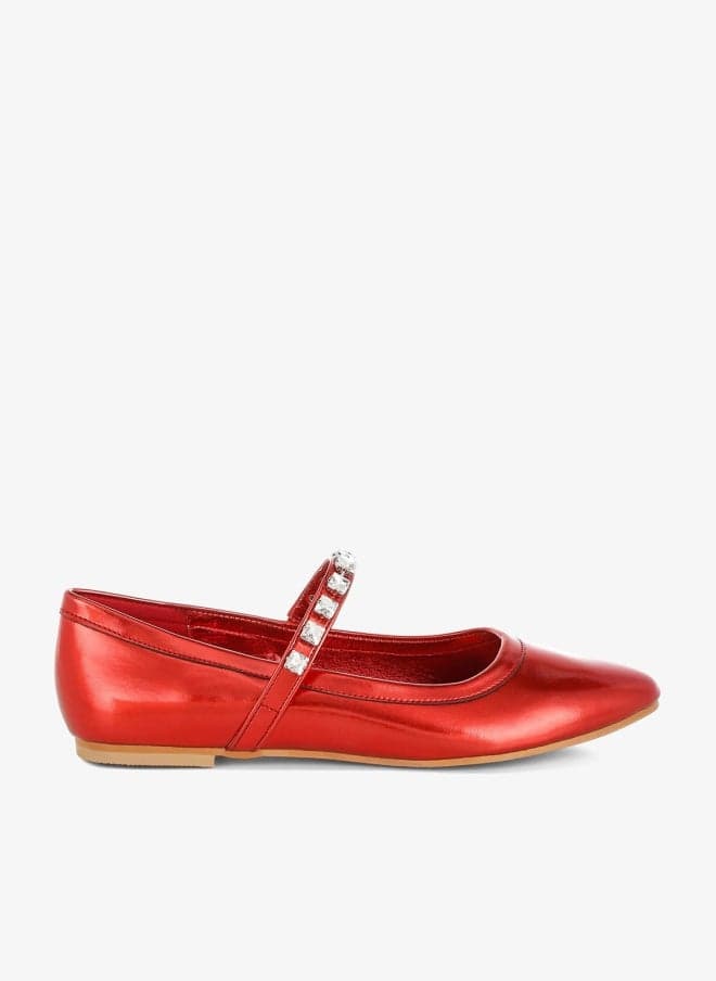 Red Metallic Mary Jane Ballerinas with Diamante Strap - Image 1