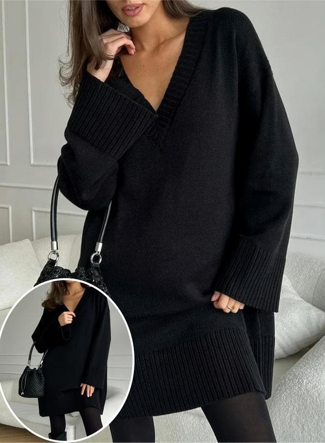 Take Two Plus Size Black Longline V-Neck Sweater - Image 1