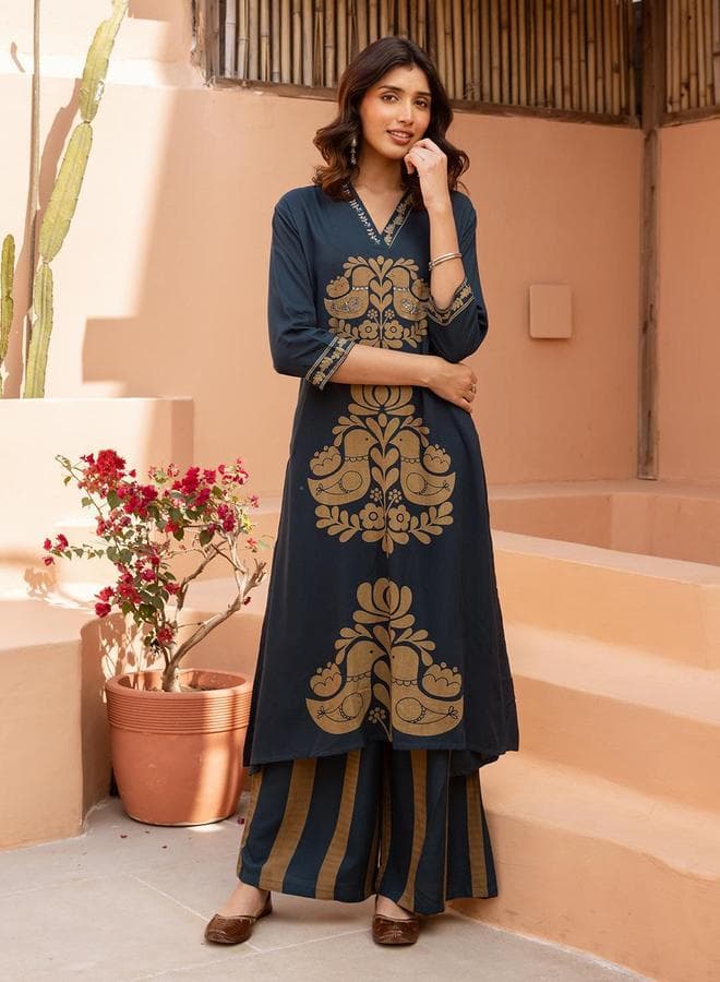 Women's Blue Rayon Printed Straight Fit Kurta Palazzo Set - Image 1