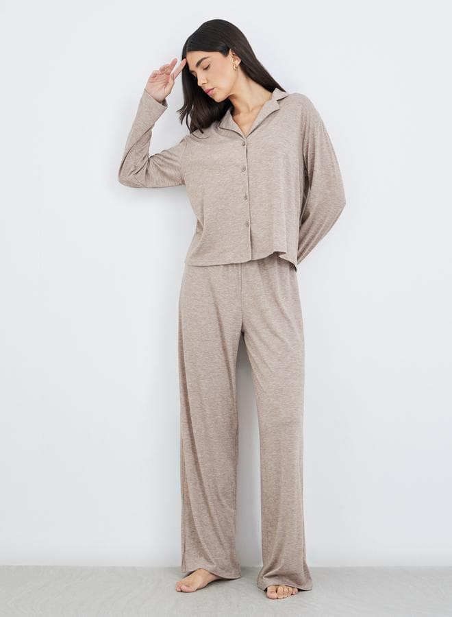 Melange Long Sleeve Shirt and Wide Leg Pyjama Set - Image 1