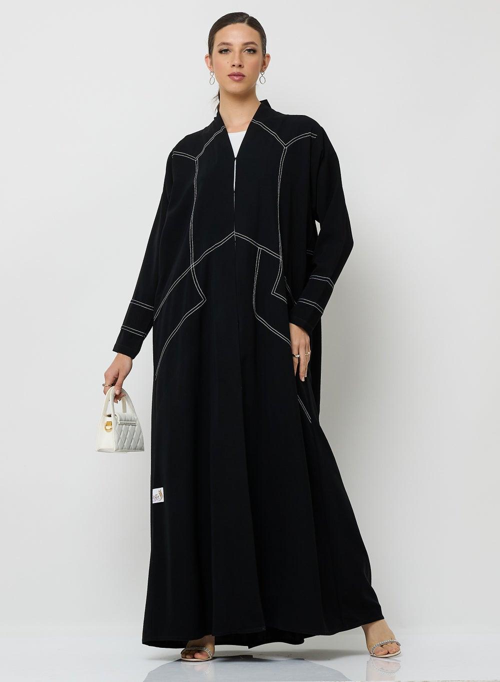 Black Abaya with Line Embroidery Detail - Image 1