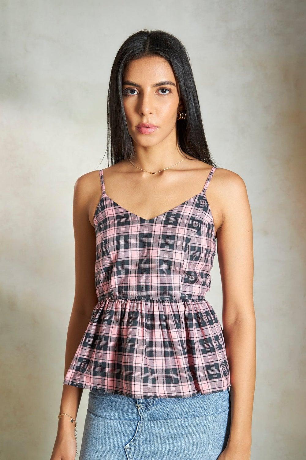 Pink Checked Cotton Peplum V-Neck Fitted Waist Top - Image 1