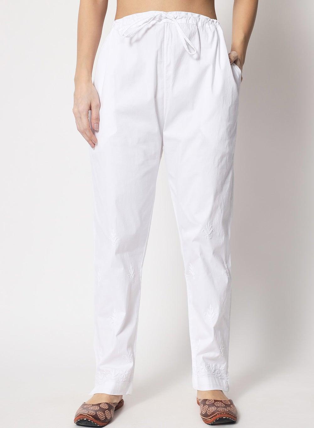 Hand Embroidered Chikankari White Cotton Pant AL3597 - Image 1