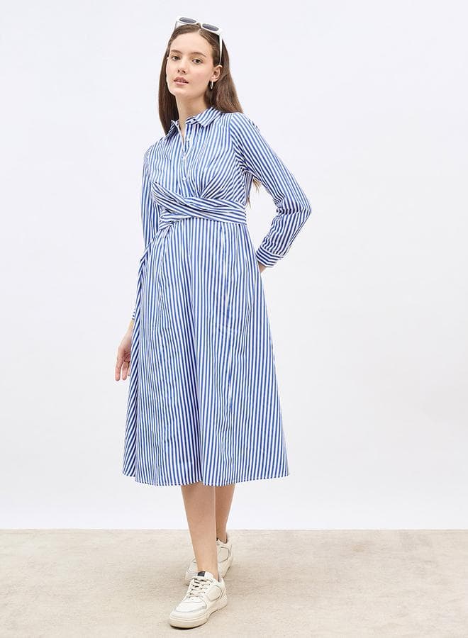 Styli Striped Collared Long Sleeve Midi Dress - Image 1