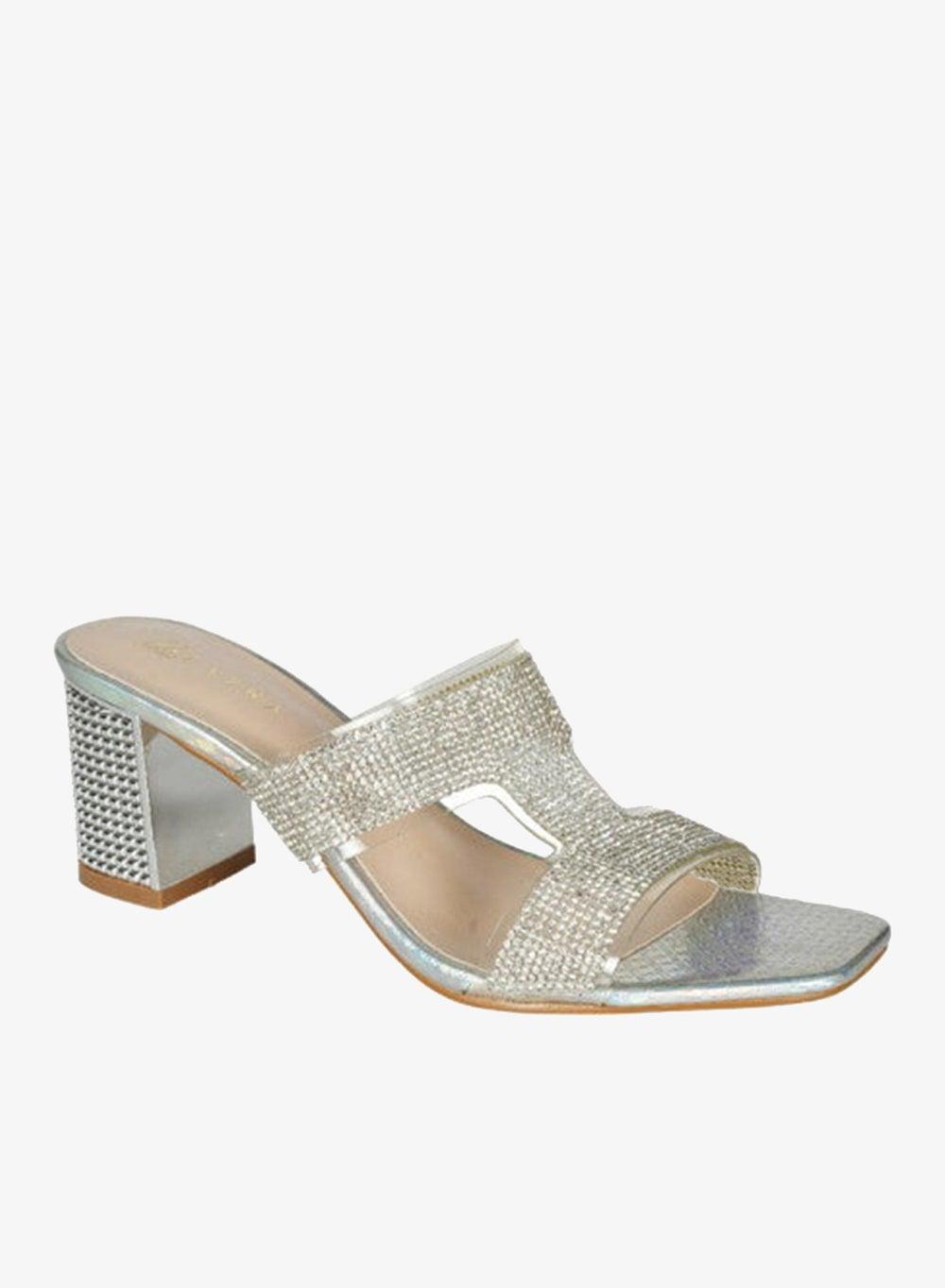 221-77 Zayna Silver High Block Heel Slip-On Sandals - Image 1