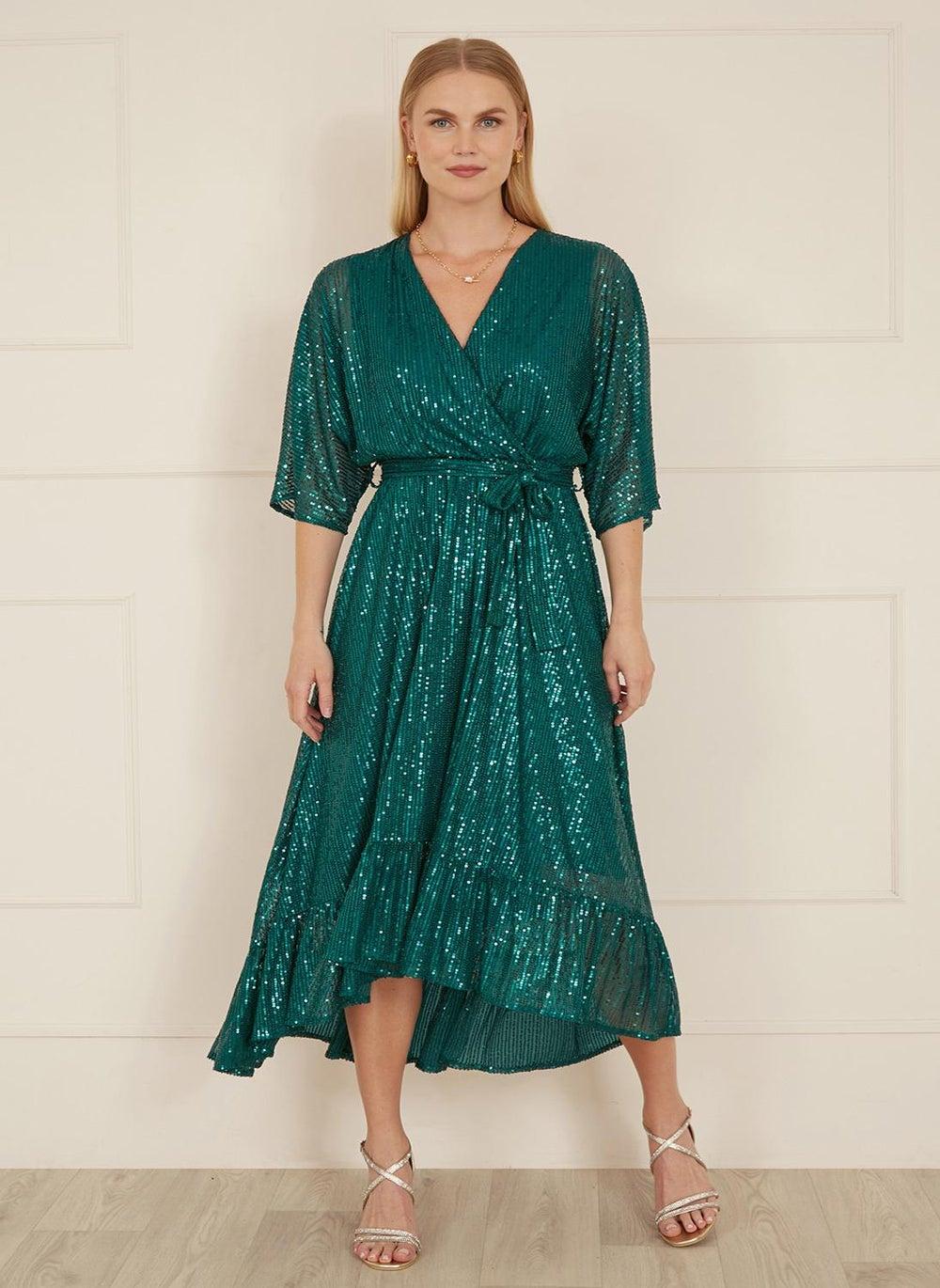 Emerald Sequin Wrap Midi Dress - Image 1