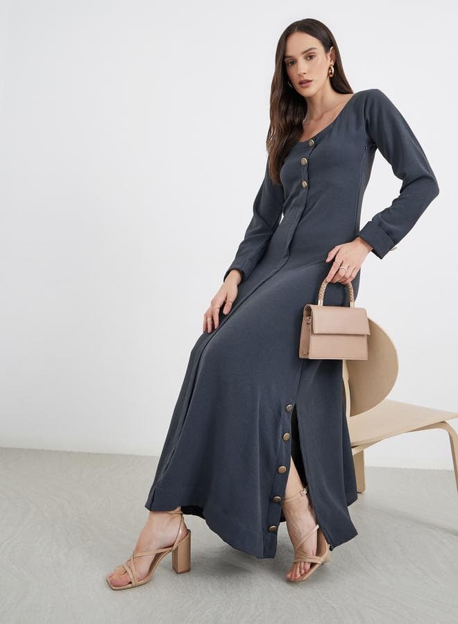 Women Grey Button-Detail Maxi Dress - Image 1