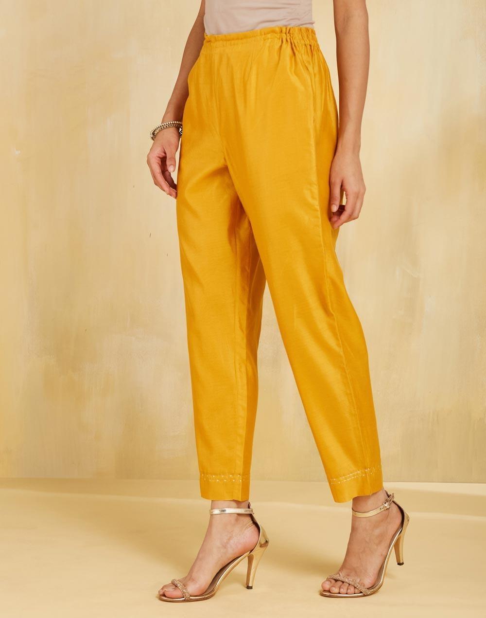 Mustard Cotton Silk Embroidered Ethnic Pant - Image 1