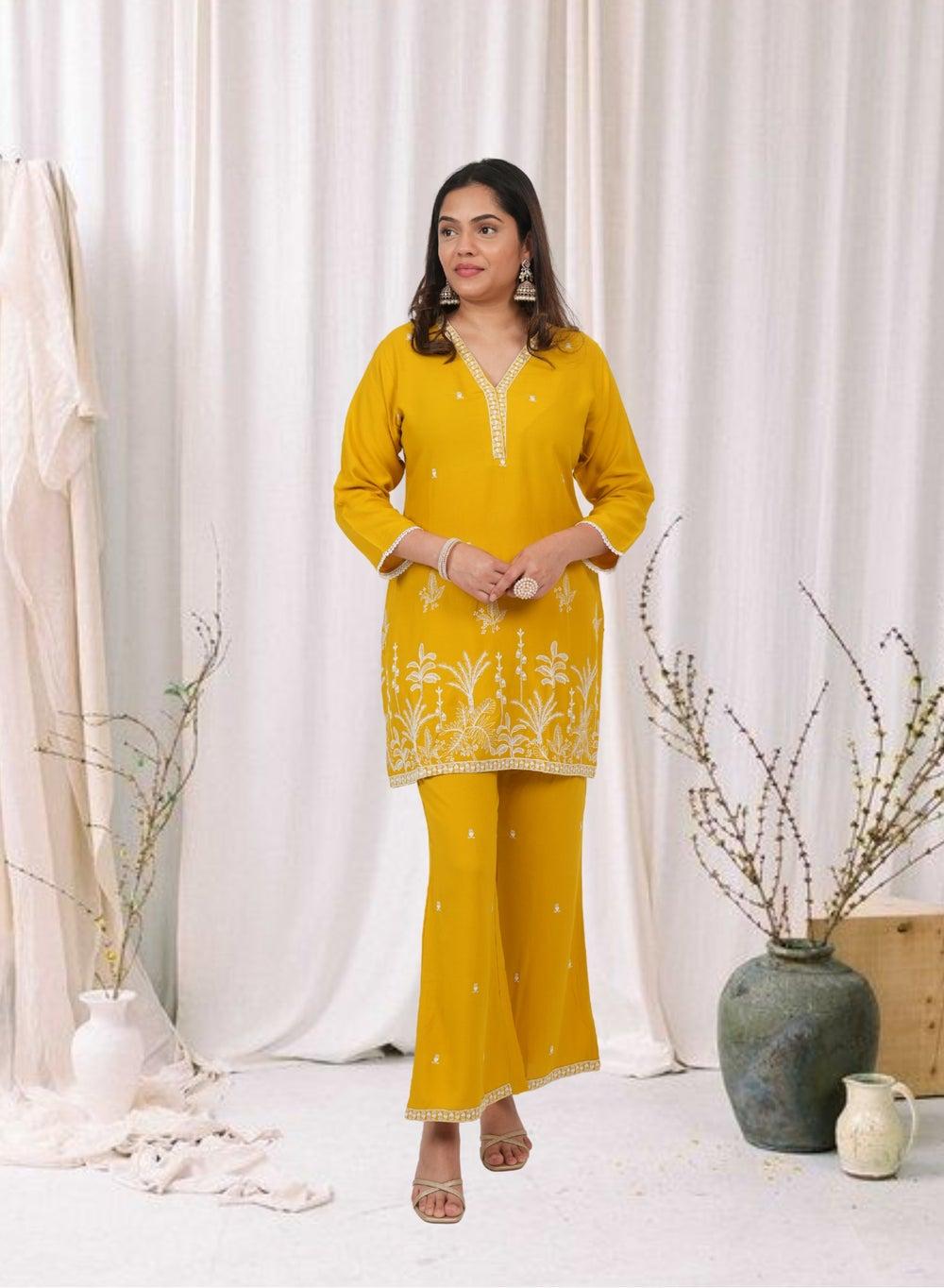 Mustard Embroidered Kurta Pant Set with Mirror Work - Image 1