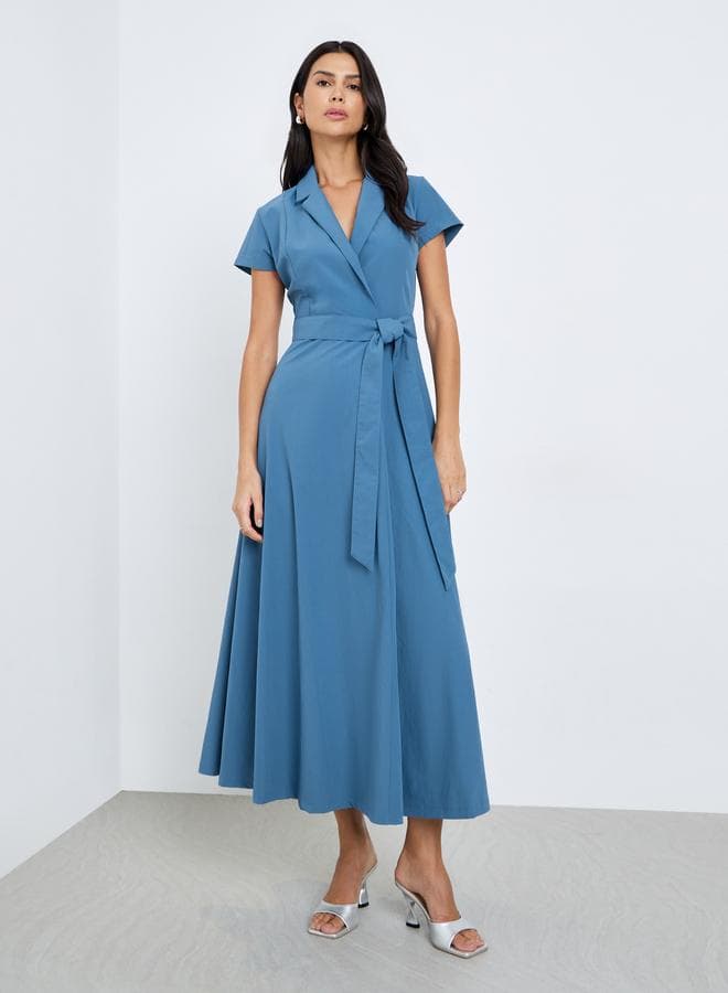 Styli Blue Solid Short Sleeve Wrap Maxi Dress - Image 1