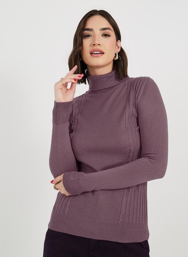 Slim Fit Purple Cable Knit Turtleneck Sweater - Image 1