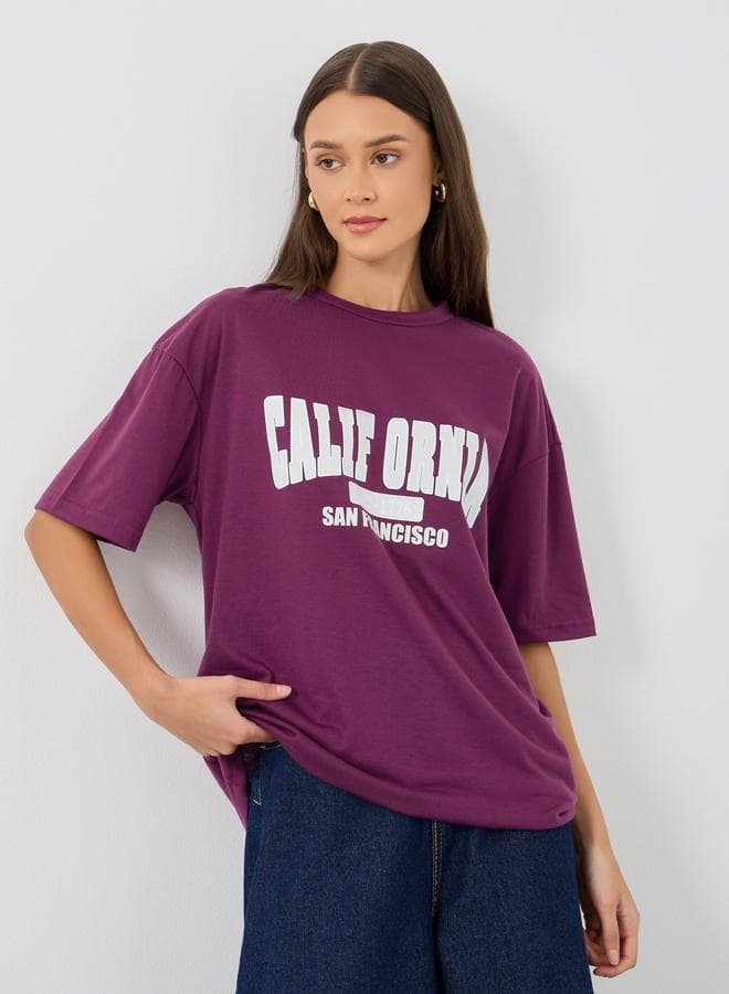 Slogan Print Oversized Round Neck T-Shirt - Image 1