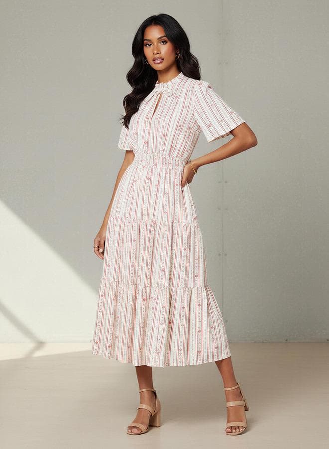 Tiered Midi Textured Viscose Dress with Flutter Sleeves - Image 1