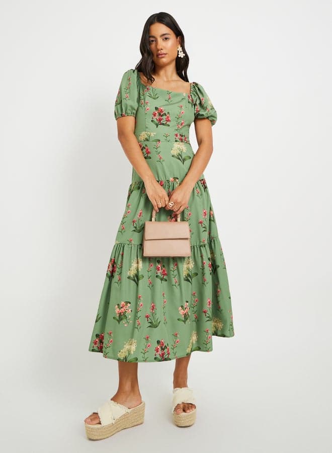 Sage Green Floral Print Midi Dress - Image 1