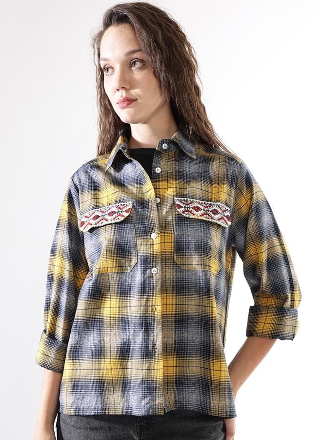 Women’s Multicolour Cotton Embroidered Button-Down Relaxed Shirt - Image 1