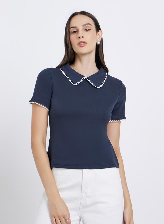 Styli Women Navy Blue Collar Contrast Lining Knit Top - Image 1