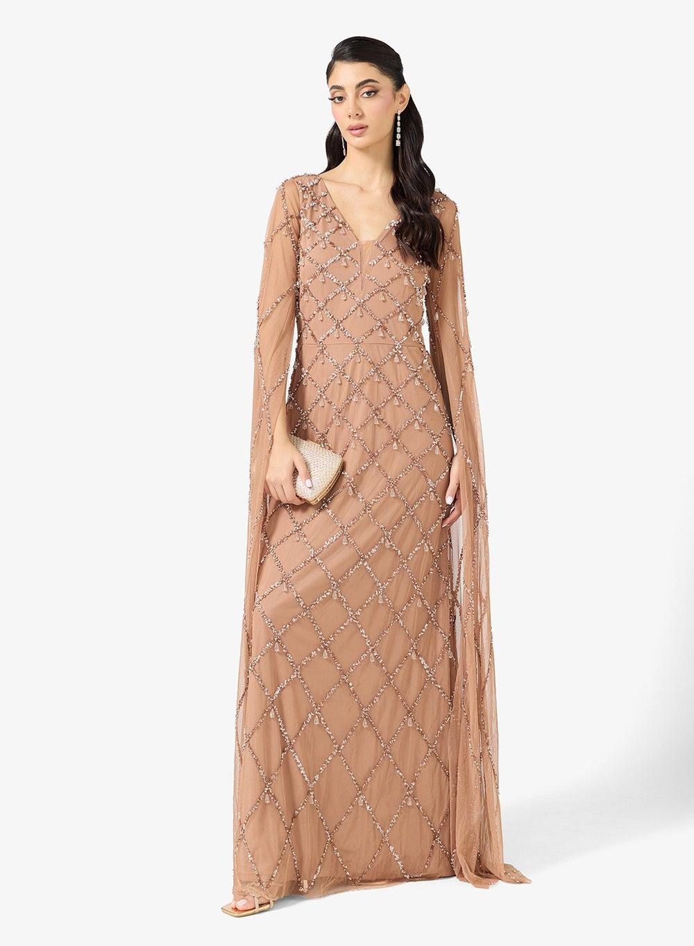 Plunge Neck Bead Embellished Gown with Cape - Image 1
