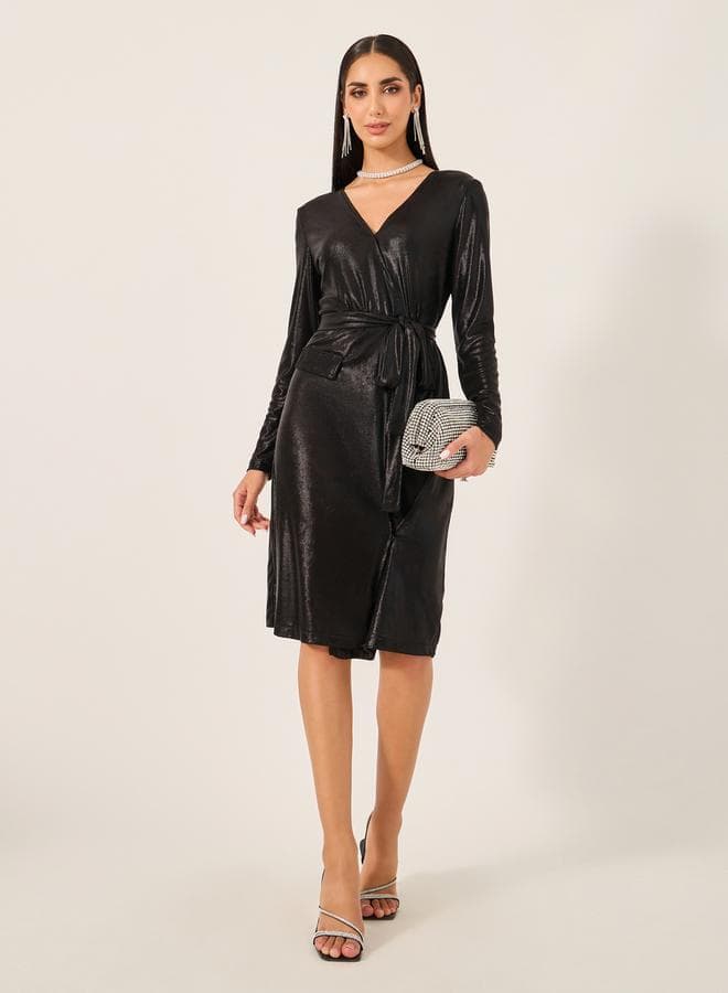Black Belted Wrap Midi Dress - Image 1