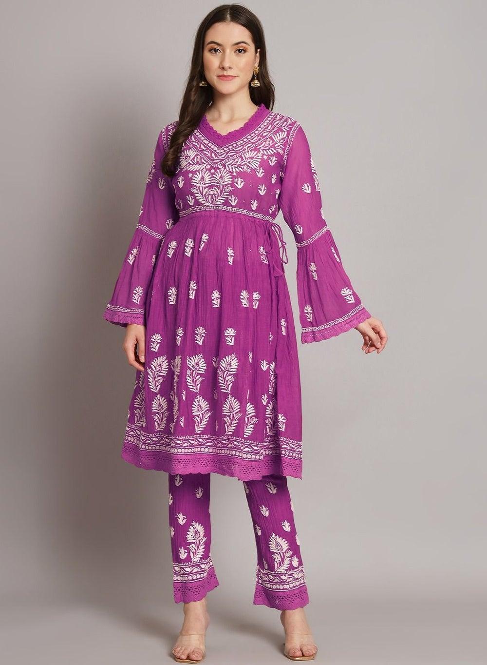 Hand Embroidered Chikankari Chanderi Cotton Frock Kurta Pant AL3661KS - Image 1