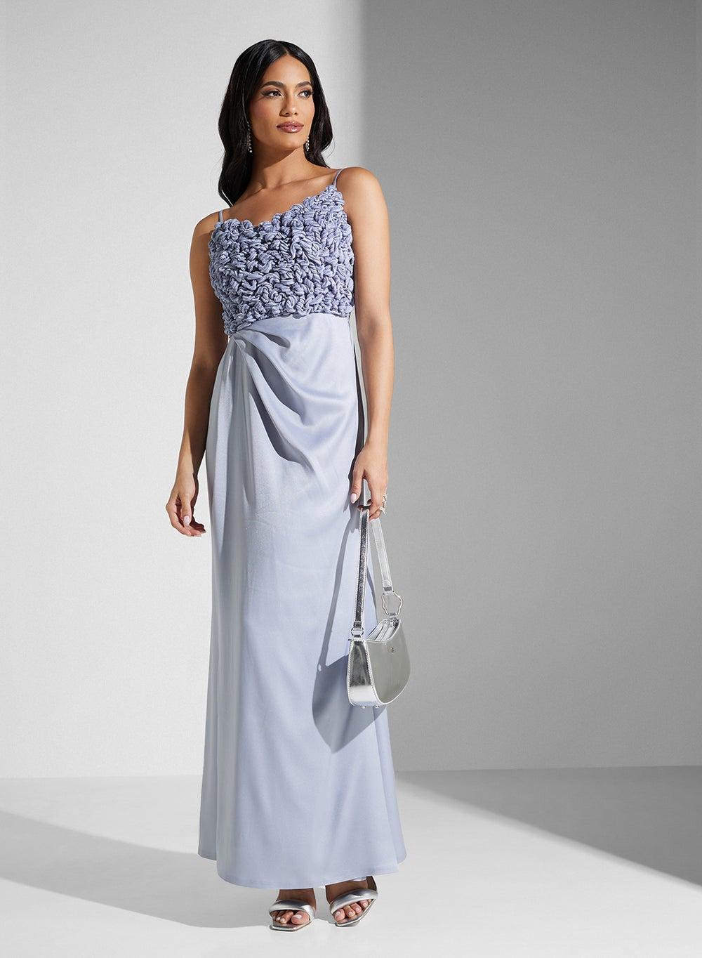 Textured Bodice Pastel Blue Sleeveless Maxi Dress - Image 1