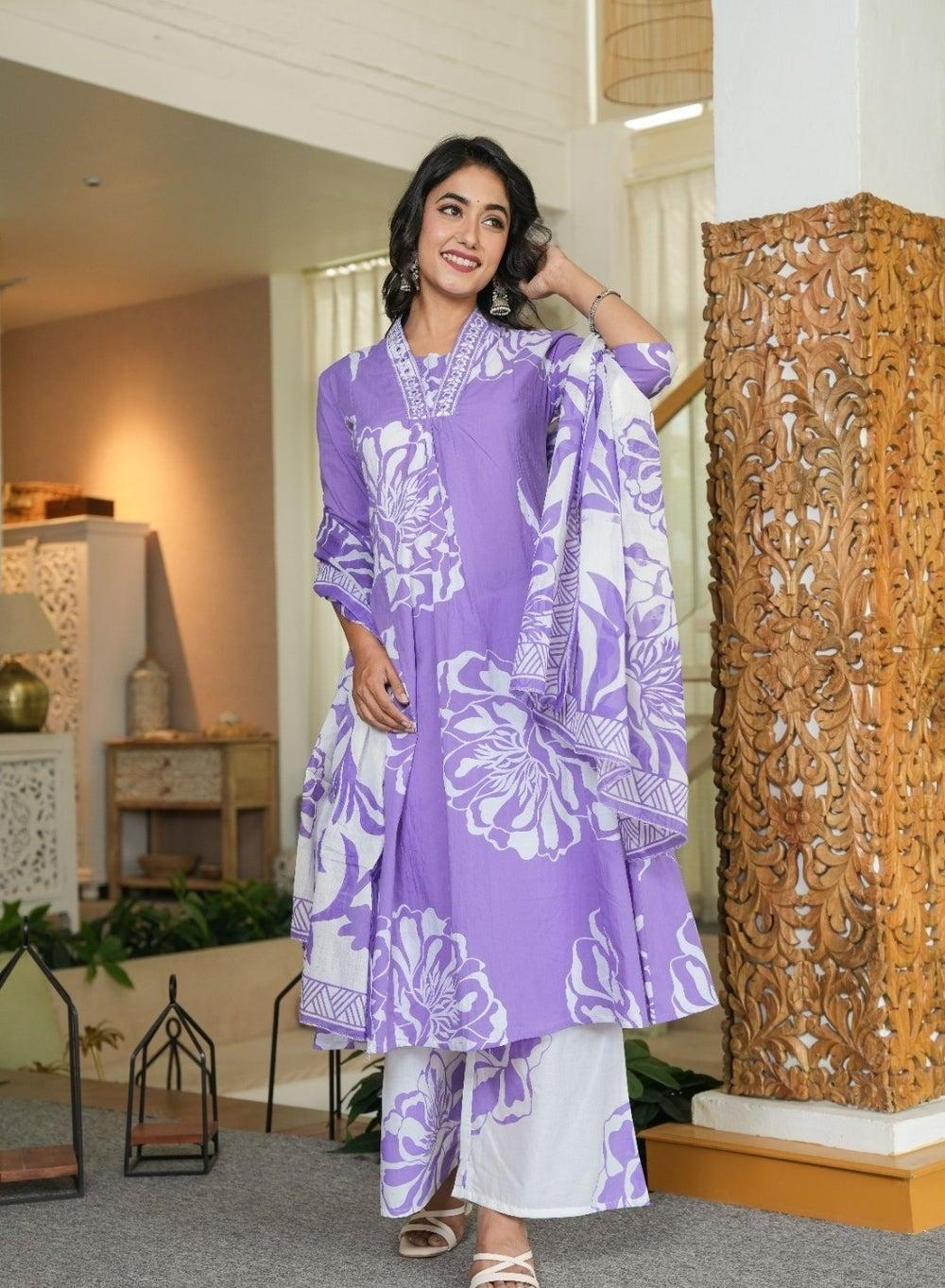 Lavender Floral Printed Three-Piece Suit Set with Dupatta - Image 1
