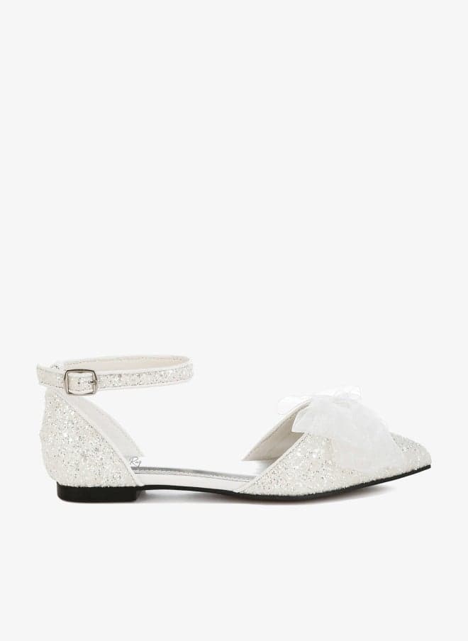 White Sheer Bow Glitter Flat Sandals - Image 1