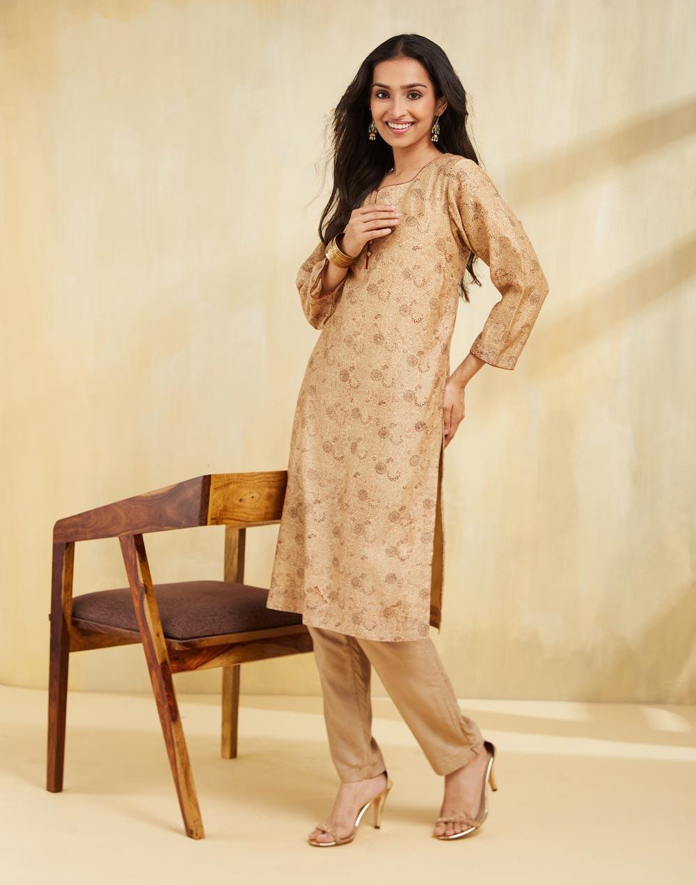 Beige Cotton Silk Bagru Printed Knee-Length Kurta - Image 1