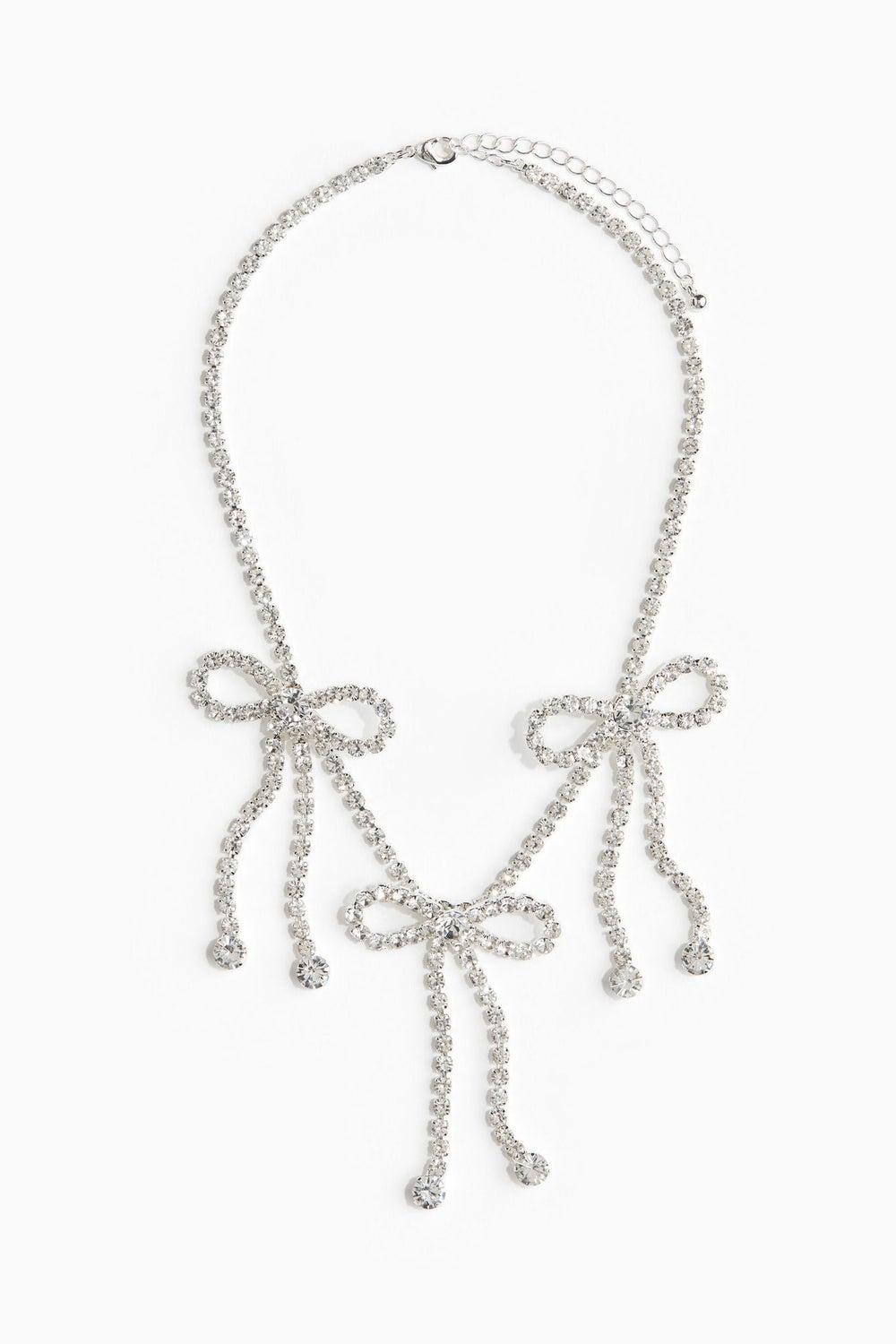 Bow-Detail Rhinestone Chain Choker Necklace - Image 1