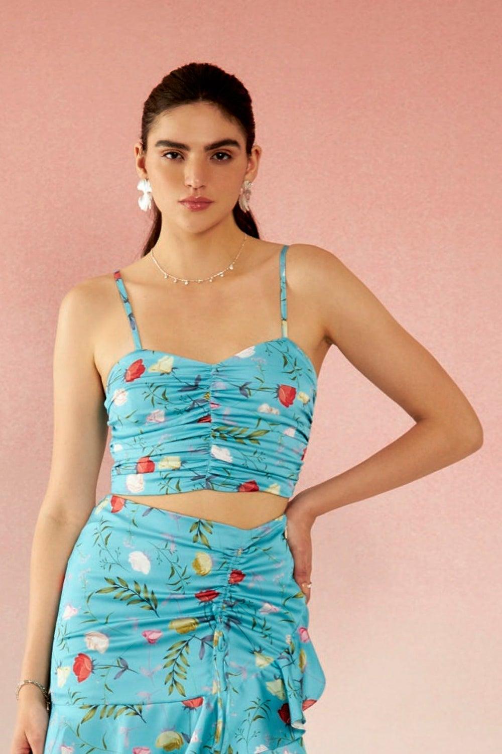 Light Blue Satin Floral Sweetheart Crop Top - Image 1