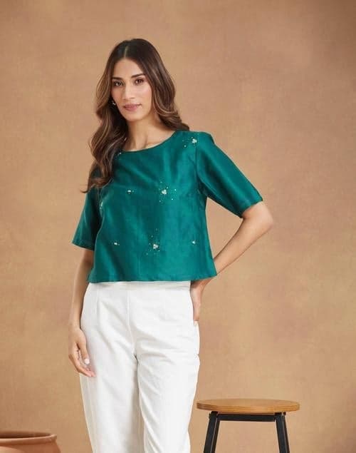Green Cotton Silk Embroidered Short Top - Image 1