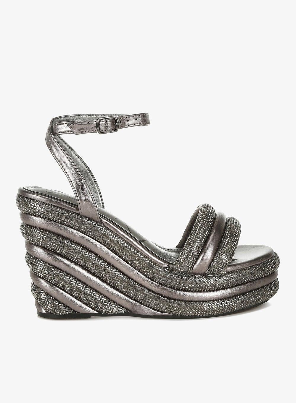 Pewter Rhinestone Studded Wedge Sandals - Image 1