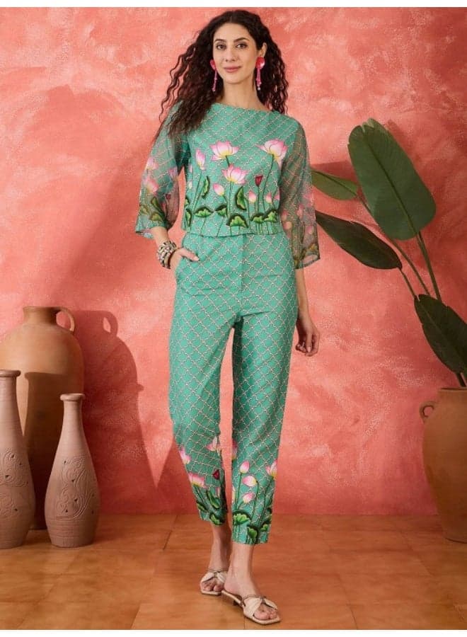 Green Pichwayi Art Silk Floral Co Ord Set - Image 1