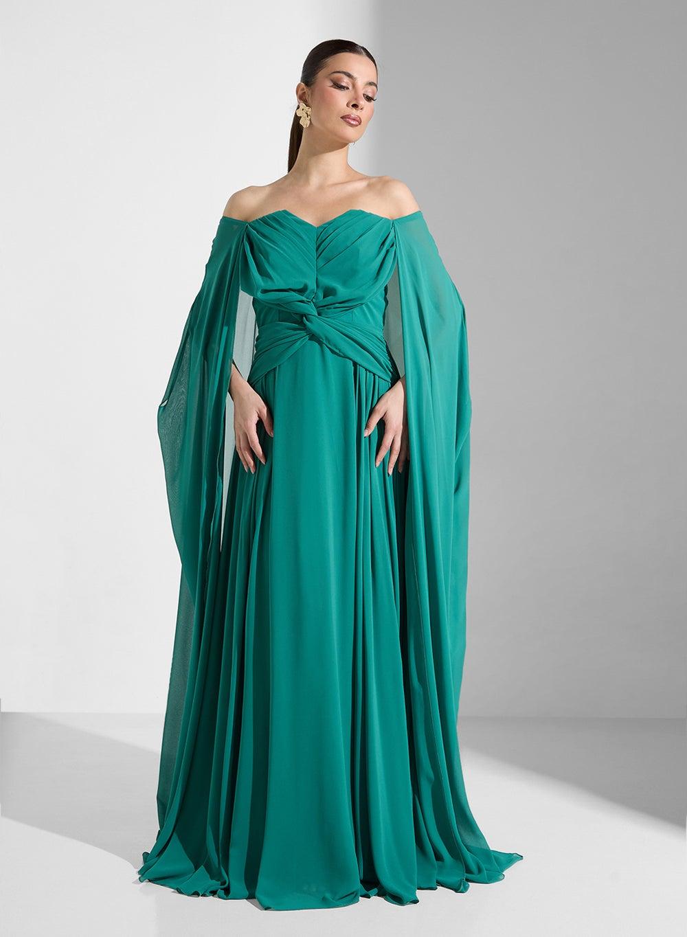 Emerald Off-Shoulder Chiffon Floor-Length Dress - Image 1