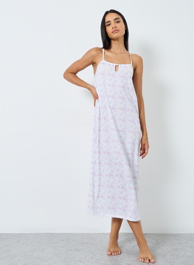 Styli Ditsy Print Gathered Keyhole Slip Nightdress - Image 1