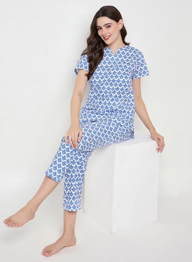 Printed Notch Neck Long Pyjama Set - Image 1