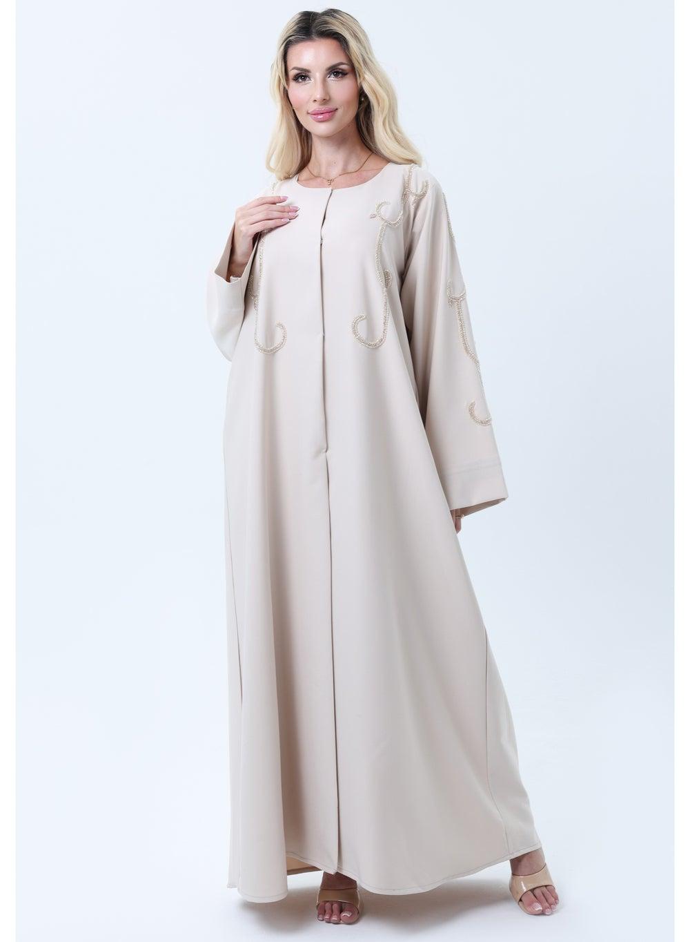 Beige Mélange Hand Embroidered Abaya with Sheila - Image 1